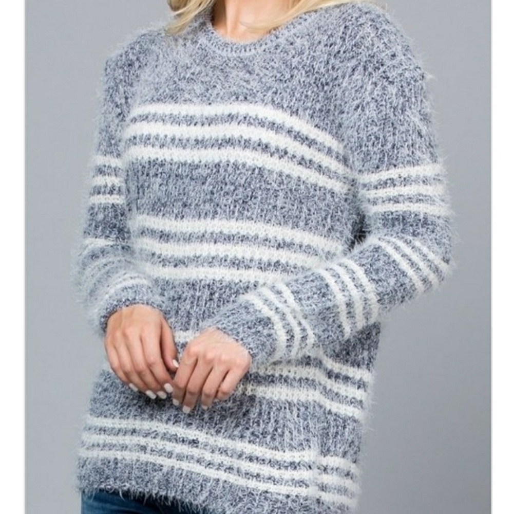 Navy Eyelash Striped Sweater